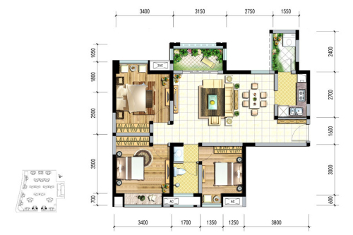 绿岛筑1、13号楼J2户型标准层-3室2厅1卫1厨建筑面积93.24平米