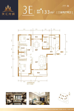 天汇龙城Qa地块2、3、4、5#3E户型-3室2厅2卫1厨建筑面积133.00平米