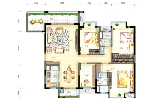 万科金色家园4室2厅2卫1厨建筑面积135.00平米