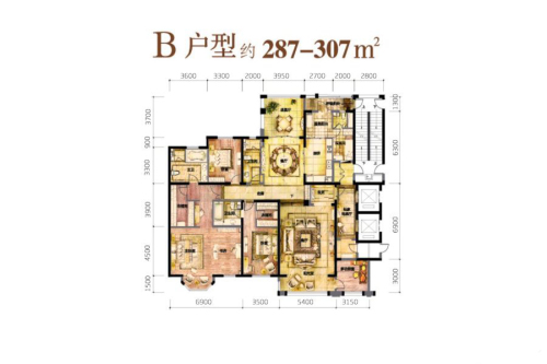 河畔新城品尚B户型287平米-5室2厅2卫1厨建筑面积287.00平米
