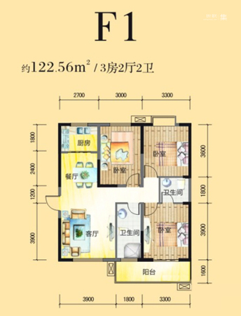 八水御源1-3号楼F1户型-3室2厅2卫1厨建筑面积122.56平米
