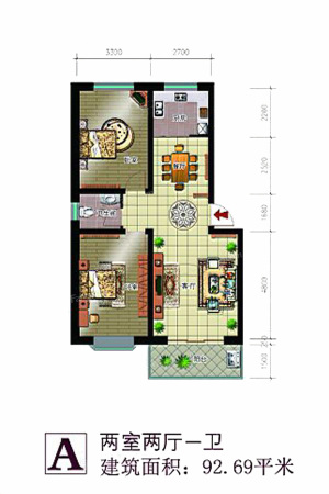 盛世嘉园A户型-2室2厅1卫1厨建筑面积92.69平米