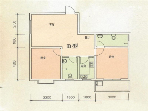 东方绿洲B户型-2室2厅2卫1厨建筑面积105.25平米