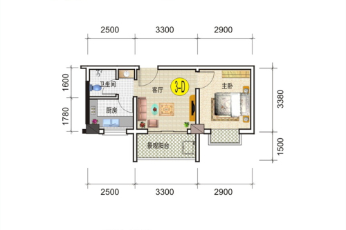 凯润嘉园3-D户型-1室1厅1卫1厨建筑面积41.39平米