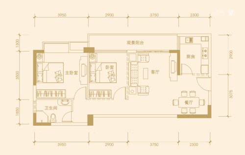 富丽华海御一期2#B户型-2室2厅1卫1厨建筑面积88.67平米