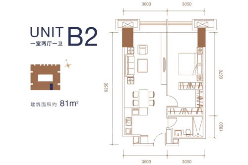 成都ICC天峻1、2号楼B2户型标准层-1室2厅1卫1厨建筑面积81.00平米