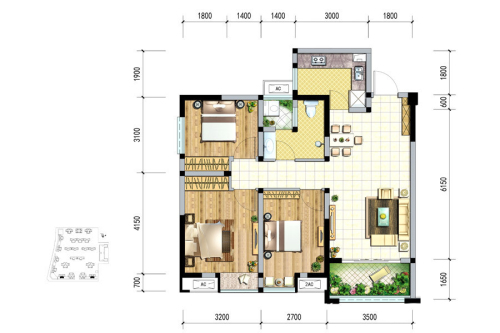 绿岛筑1、13号楼E2户型标准层-3室2厅1卫1厨建筑面积87.04平米