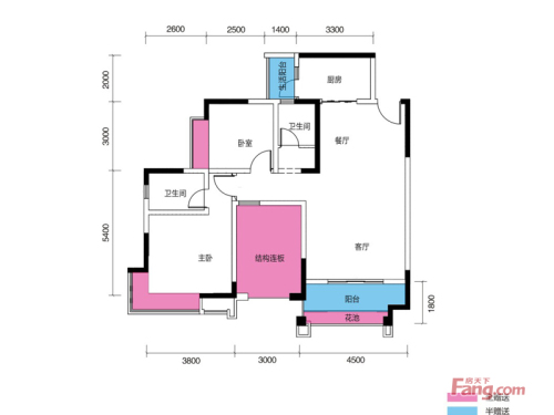 东城国际一期10栋标准层E2、E3户型-2室2厅2卫1厨建筑面积103.15平米
