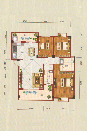 百丰花园18-C户型-3室2厅2卫1厨建筑面积115.85平米