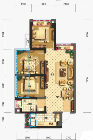 新尚天地2、3、7#标准层C1户型-3室2厅1卫1厨建筑面积82.00平米