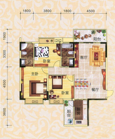 永翔·时代名苑2、3#楼01号房户型-3室2厅2卫1厨建筑面积128.92平米