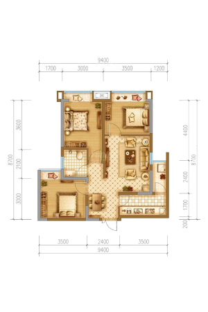雄飞生活广场7#标准层F1、G1户型-3室2厅1卫1厨建筑面积80.91平米