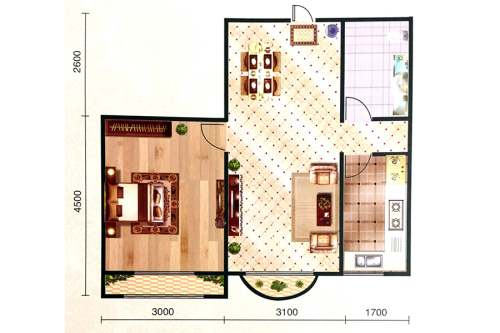 美地庄园B户型-1室1厅1卫1厨建筑面积51.82平米