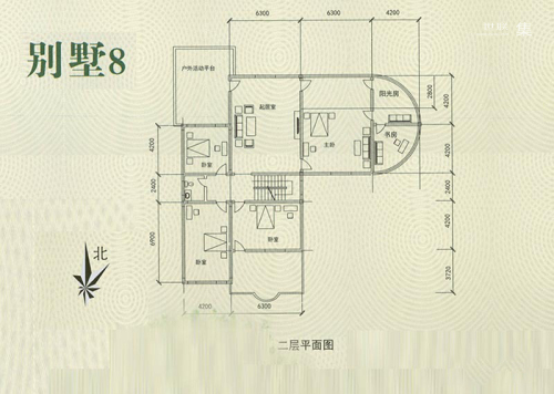 华浮宫桂园别墅8二层平面-6室2厅2卫1厨建筑面积238.00平米