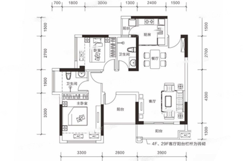 香莎公馆2栋B座03户型-2室2厅2卫1厨建筑面积93.00平米