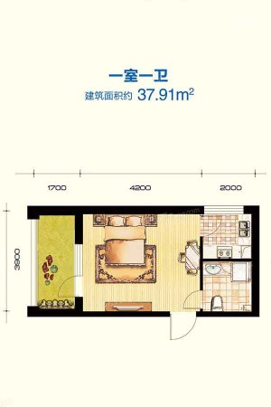 七星九龙湾D户型-1室1厅1卫1厨建筑面积37.91平米