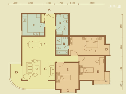 世豪公寓B'户型-3室2厅2卫1厨建筑面积157.24平米