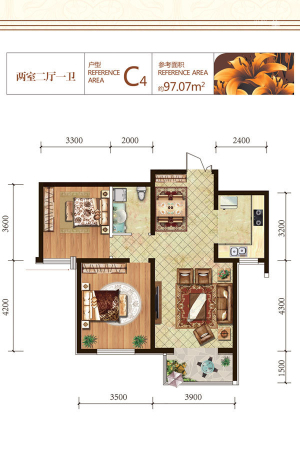 天海·博雅盛世C4户型-2室2厅1卫1厨建筑面积97.07平米