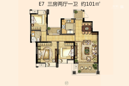 喜之郎丽湖湾一期洋房18#标准层E7户型-3室2厅1卫1厨建筑面积101.00平米