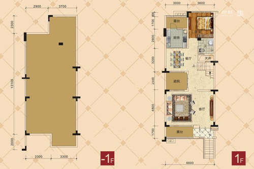 美林春天别墅B户型-1F、1F-4室3厅3卫1厨建筑面积194.00平米
