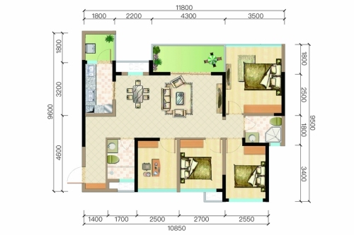 天来汇景2、3#标准层D1户型-4室2厅2卫1厨建筑面积110.87平米