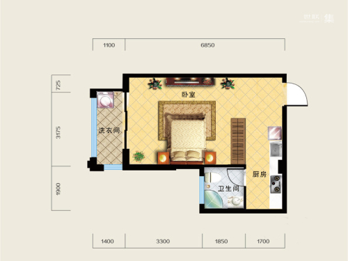 海城尚都一期1号楼C户型-1室0厅1卫1厨建筑面积46.74平米