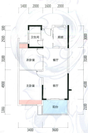嘉和·冠山海罗腾堡A3户型-2室2厅1卫1厨建筑面积88.00平米