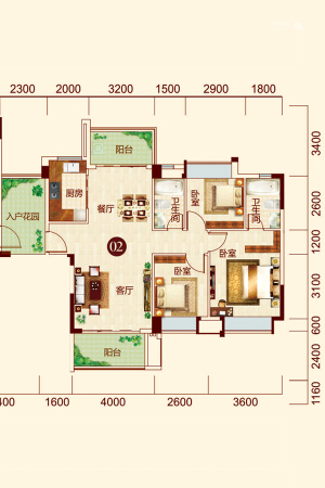 日华坊二期1幢02户型-3室2厅2卫1厨建筑面积121.00平米