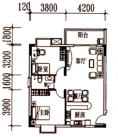 北岸晏城二期A1户型-2室2厅1卫1厨建筑面积86.00平米