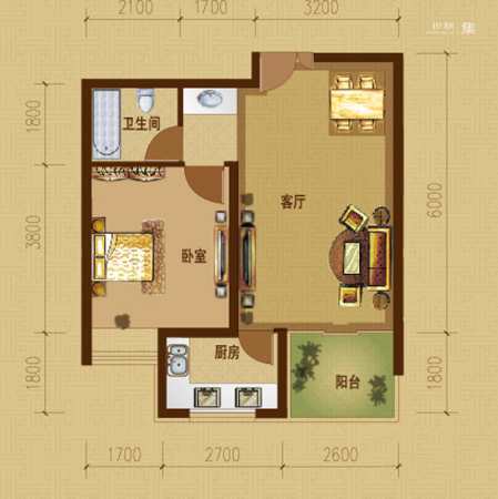 江南山水一期A4号楼C户型(售罄)-1室1厅1卫1厨建筑面积59.45平米