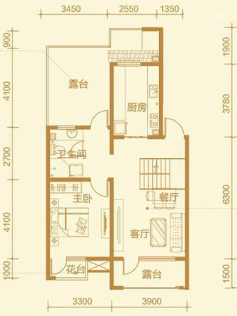 晨兴·翰林水郡户型-04-2室3厅1卫1厨建筑面积62.00平米