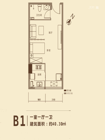 京都国际3号楼B1户型40.3平-3室2厅1卫1厨建筑面积40.30平米
