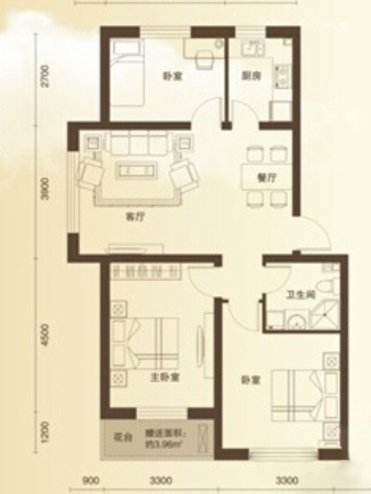 假日名居H2户型-2室2厅1卫1厨建筑面积88.62平米