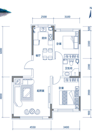 中天北湾新城三期B型户型图-三期B型户型图-2室2厅1卫1厨建筑面积88.00平米