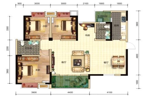 汇景新城5#标准层I2户型-5#标准层I2户型-3室2厅2卫1厨建筑面积128.10平米