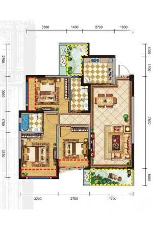格林城标准层G3户型-3室2厅2卫1厨建筑面积97.50平米