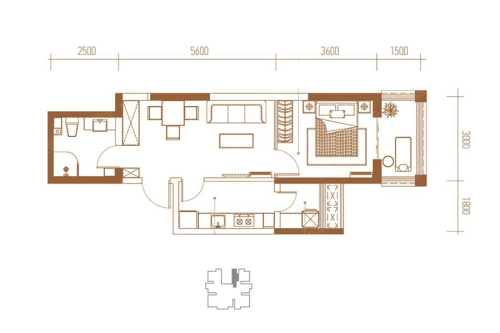 丽苑山水H户型-1室1厅1卫1厨建筑面积60.54平米