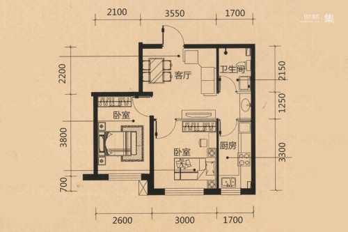 海逸铭筑K2户型-2室2厅1卫1厨建筑面积53.00平米
