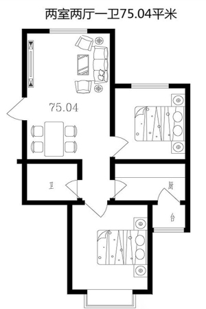 傲湖铂岸两室两厅一卫户型-2室2厅1卫1厨建筑面积75.04平米