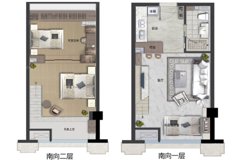 浙港国际55方LOFT（南向）-2室1厅1卫1厨建筑面积55.00平米