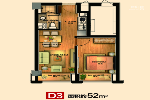 华元欢乐城小宝D3户型-1室1厅1卫1厨建筑面积53.00平米