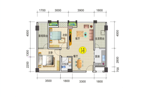 凯润嘉园3-B户型-2室2厅1卫1厨建筑面积89.33平米
